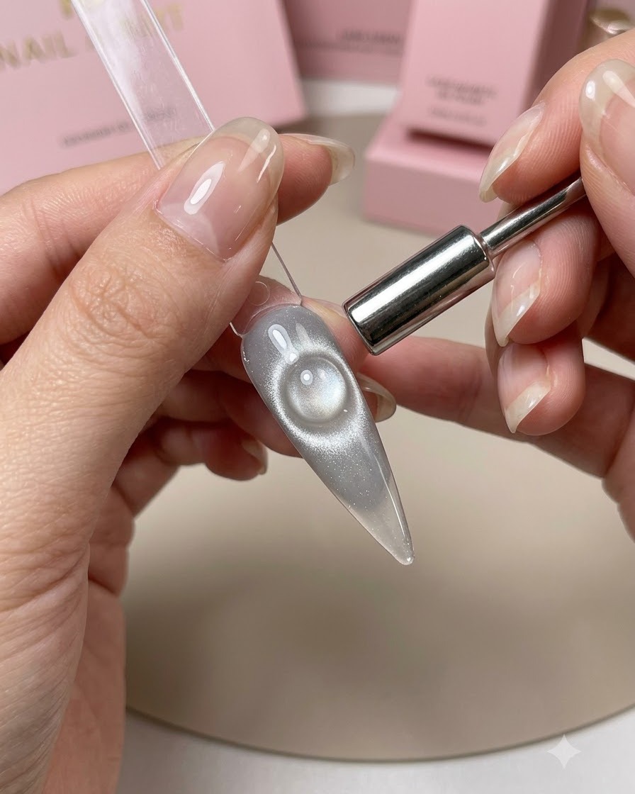 Un piccolo magnete cilindrico sospeso sopra una punta dunghia grigia cats eye, che crea un riflesso di luce circolare e luminoso.