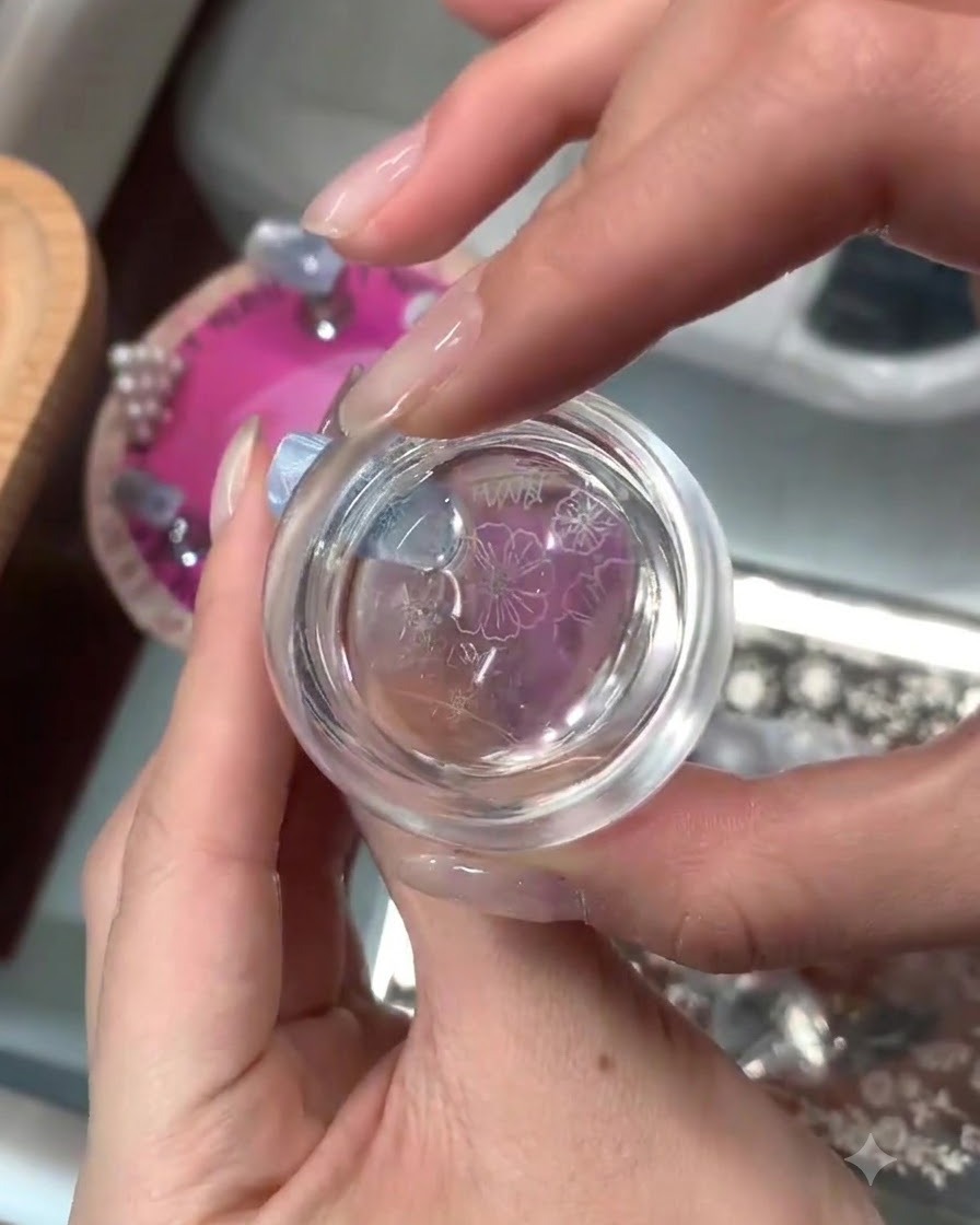 Vista dallalto in un timbro in silicone trasparente che mostra motivi floreali bianchi trasferiti e pronti per lapplicazione sulle unghie.