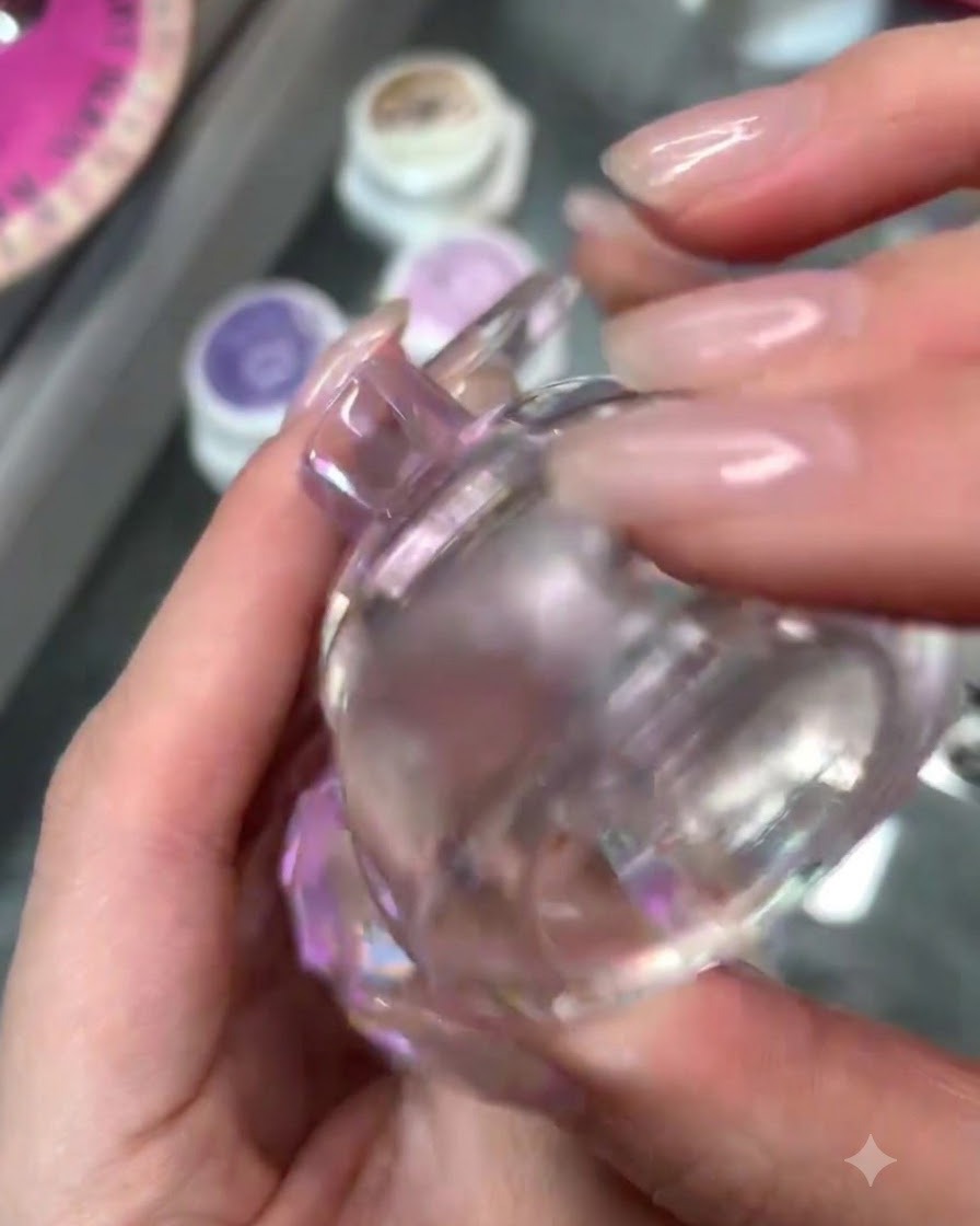 Primo piano di una mano che sostiene uno strumento per stamping in gel jelly trasparente, mentre si appresta a imprimere un disegno su ununghia.