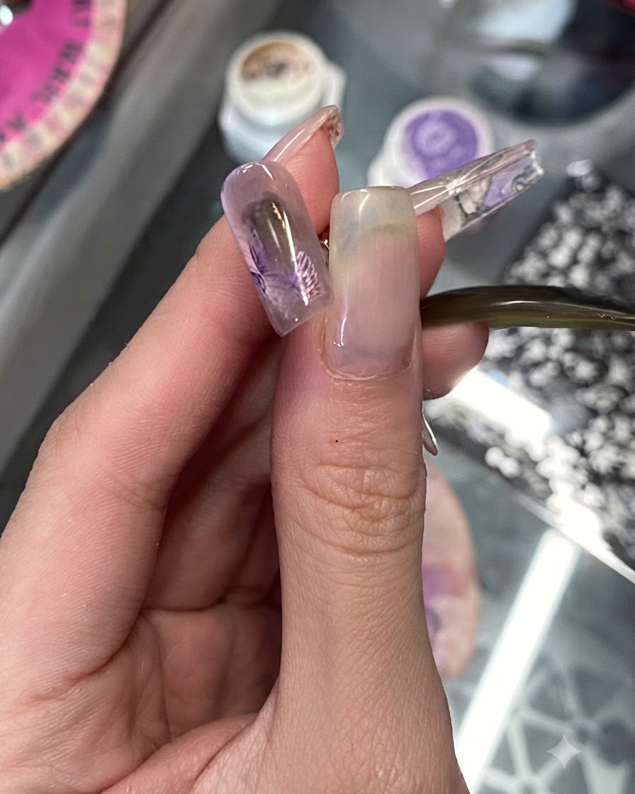 Un pennello sottile che utilizza gel bianco neve per tracciare contorni delicati attorno ai petali di un design di nail art floreale.