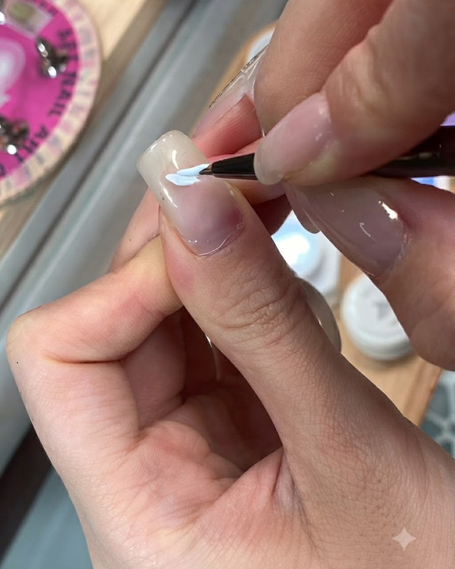 Un pennello che stende uno strato di gel cats eye rosa e viola sopra una base per unghie sfumata nude.