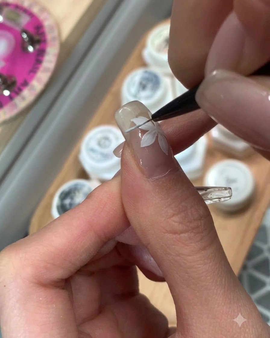Un pennello per unghie che applica del gel color cocoa smeraldo sullunghia del dito indice.