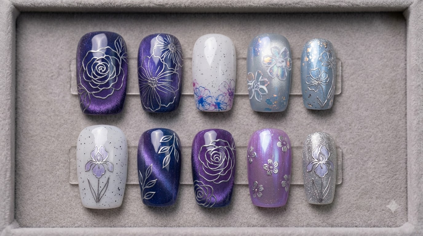 Manicure primaverile CP nei toni blu-viola e rosa-viola — Tutorial passo dopo passo per unte unghie press-on