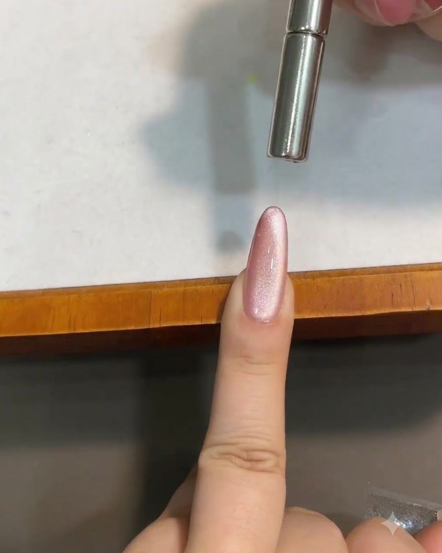 Un magnete cilindrico tenuto vicino sopra ununghia in gel cat-eye rosa lucido per modellare la striscia di luce.