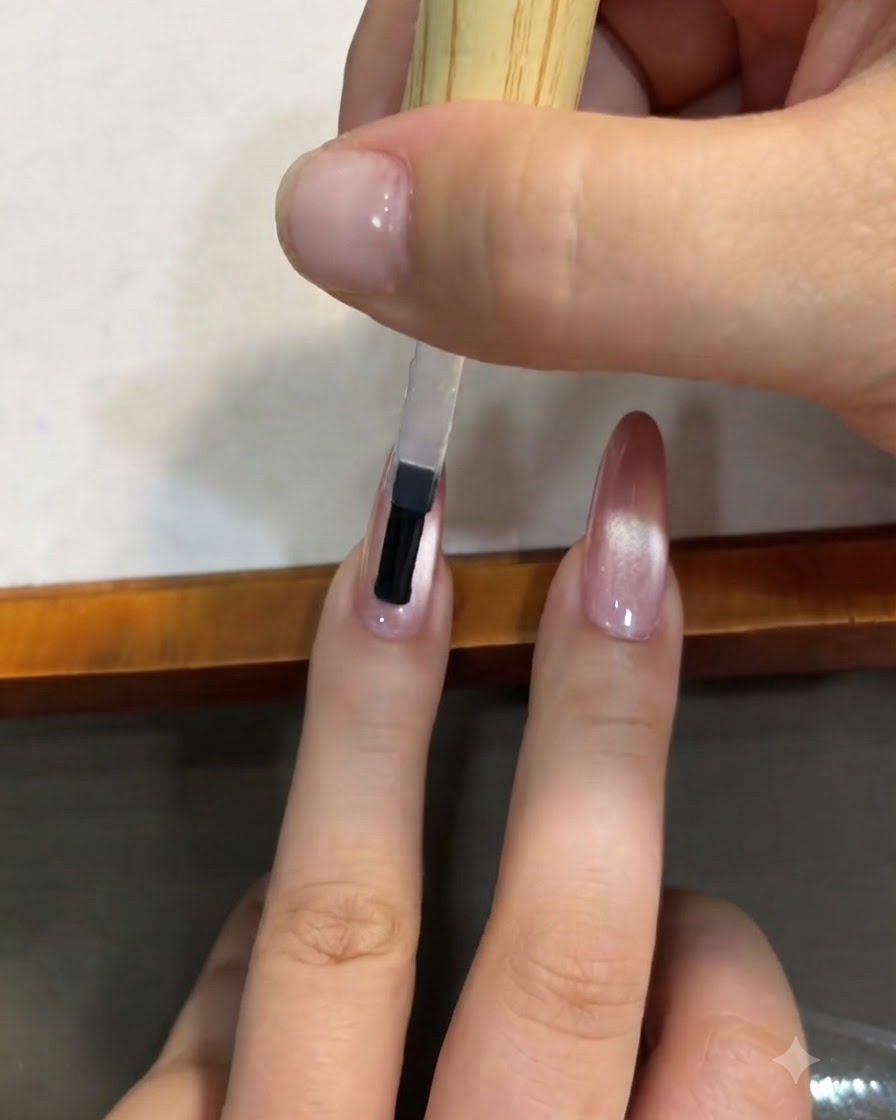 Un pennello che applica un top coat trasparente su ununghia manicure cat-eye sfumata rosa.