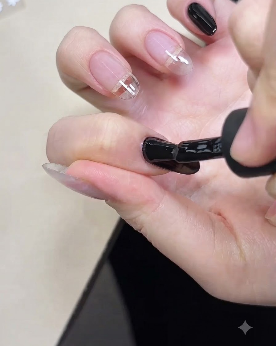 Un pennello per unghie che applica il gel base nero su ununghia.