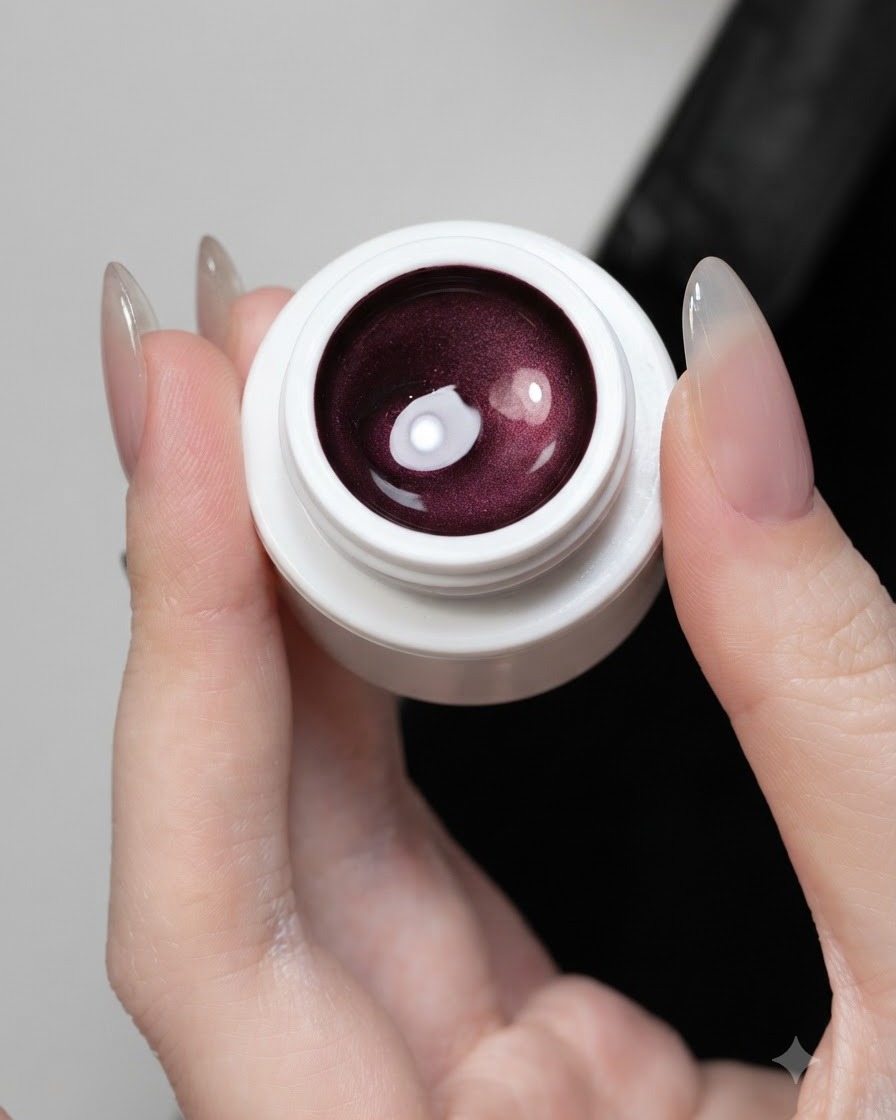 Un barattolo aperto di gel cat eye viola che mostra la sua ricca consistenza brillante.