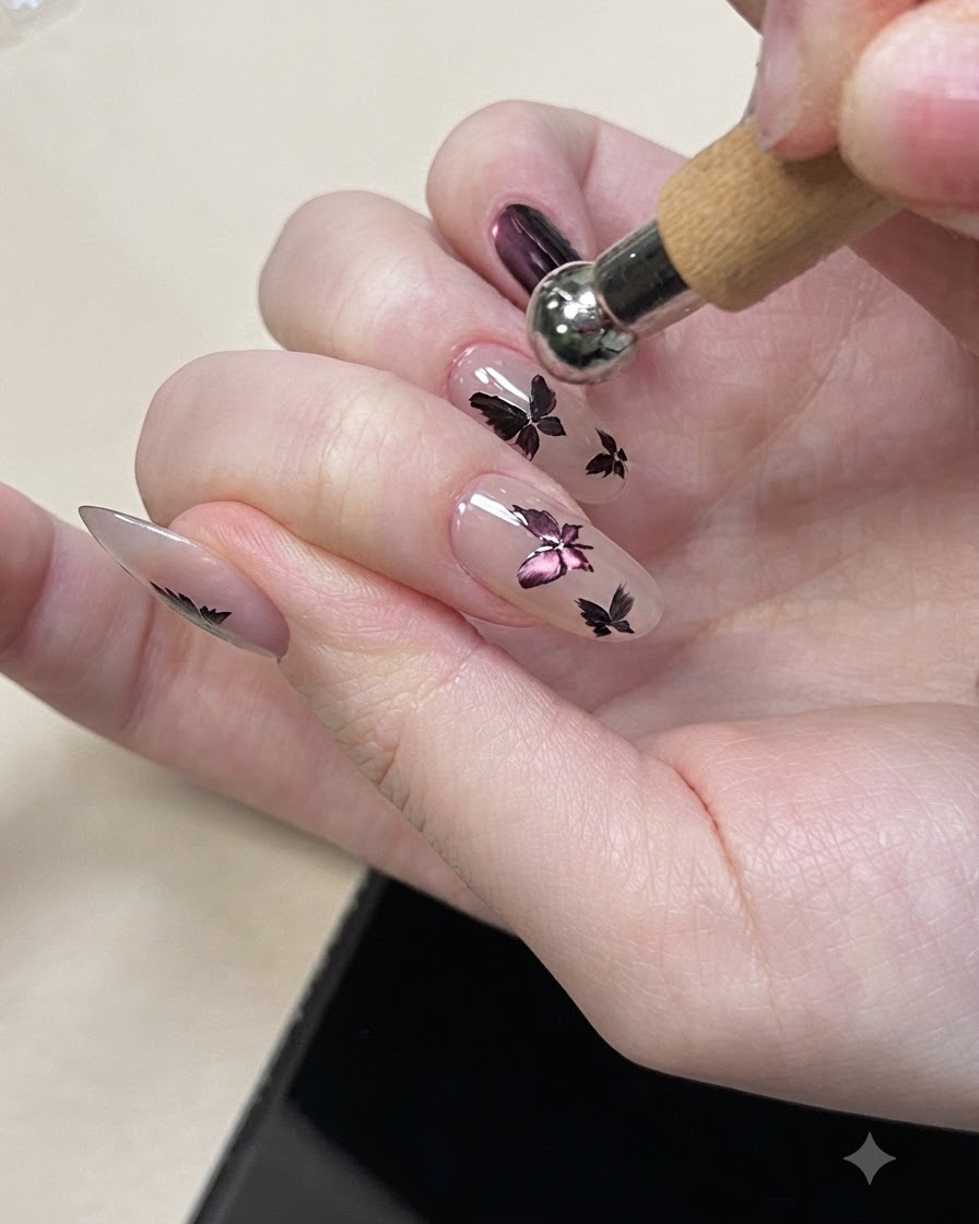 Un pennello che applica un top coat trasparente sulla nail art finita della farfalla viola, livellando la superficie.