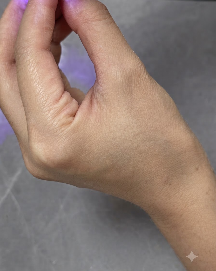 Una piccola lampada UV/LED portatile posizionata sopra ununghia per polimerizzare lo smalto gel.