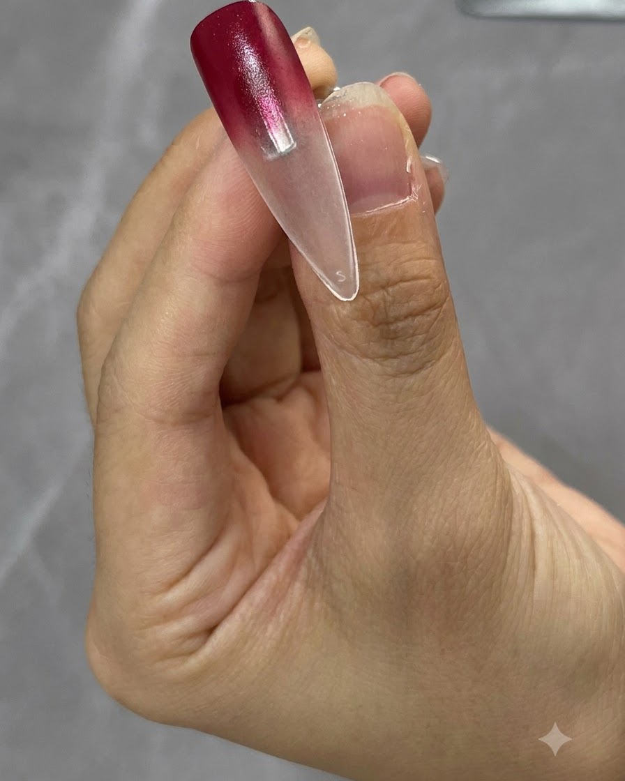 Un pennello applica uno strato di colore di base nude sulla tip per unghie trasparente di prova.
