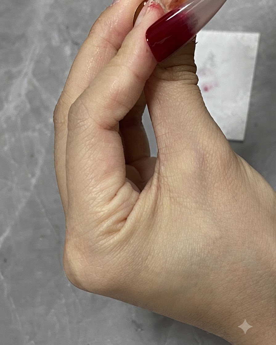 Un pennello che rifinisce la miscela della sfumatura su una tip per unghie ombre rosso vino.
