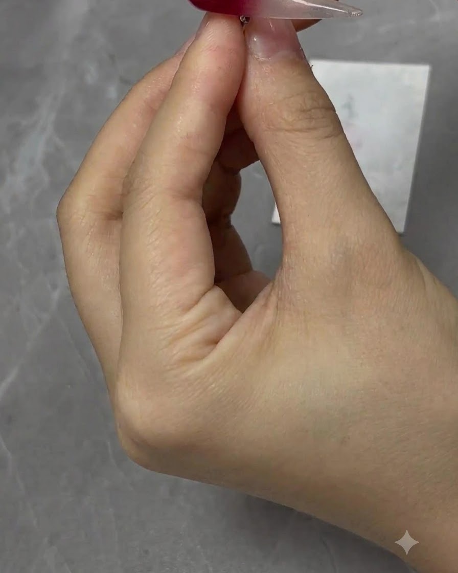 Una mini lampada di polimerizzazione UV/LED che polimerizza una tip per unghie sfumata rosso vino.