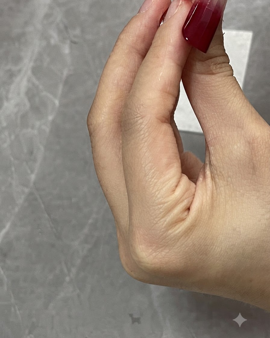 Una mano che tiene una tip per unghia mentre un pennello spazza e sfuma delicatamente lo strato di colore sfumato.