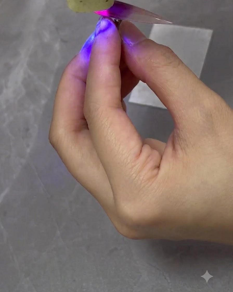 Una mini lampada UV/LED dai toni viola che polimerizza una tip per unghie dipinta con sfumatura tenuta in mano.