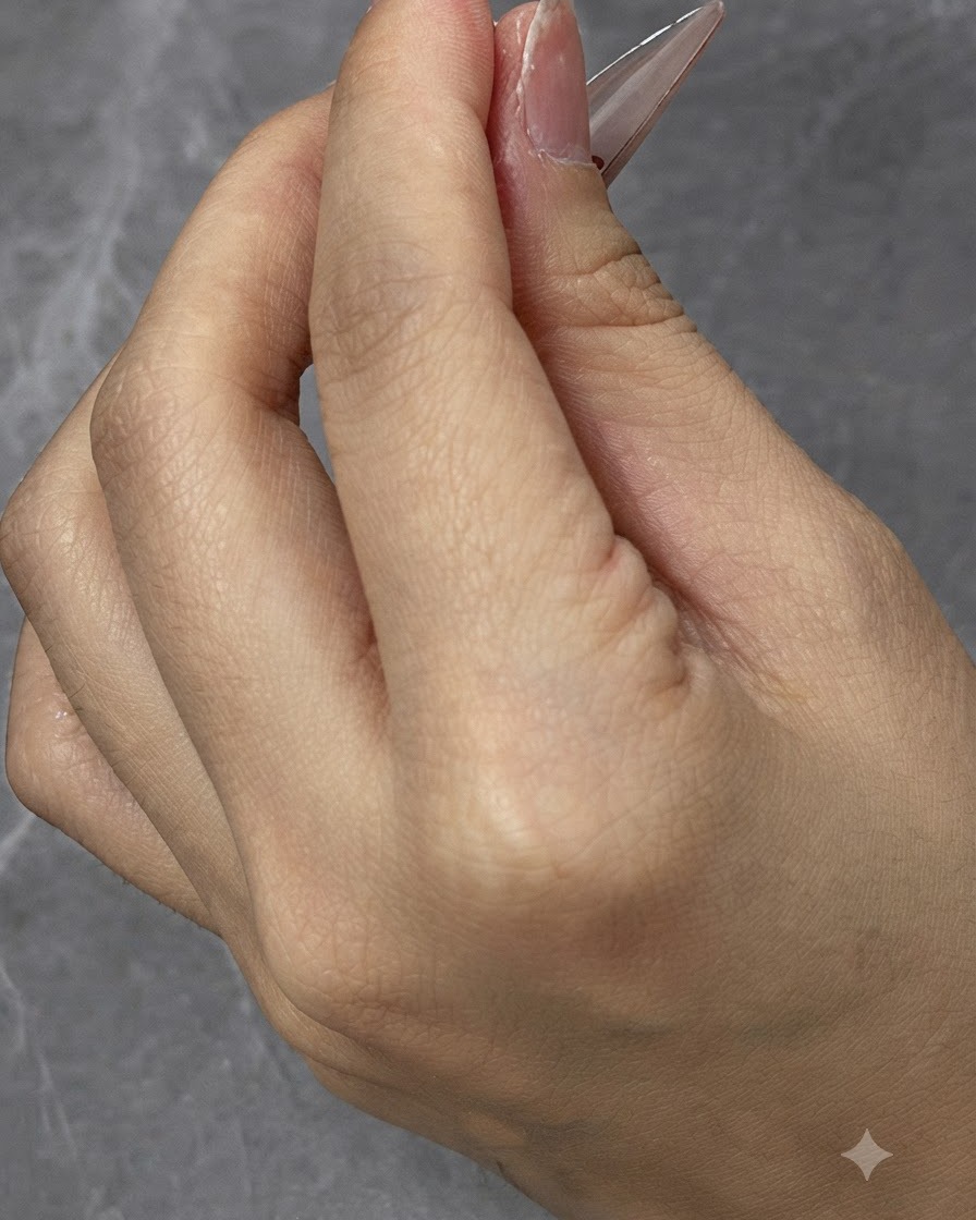 Una vista ravvicinata dellapplicazione del top coat sul bordo inferiore di unestensione per unghie finita.