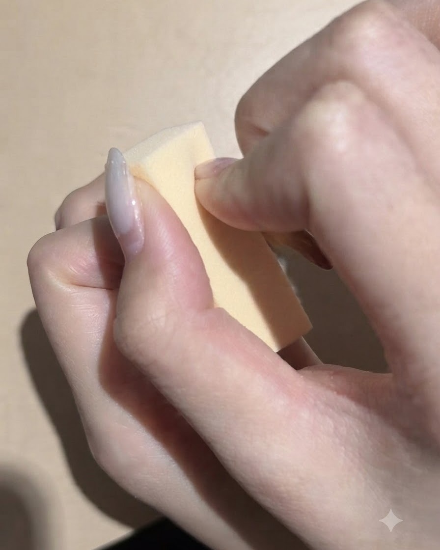 Mentre si tiene una piccola spugnetta per trucco, si applica un pigmento nero scuro per una sfumatura sulle unghie.