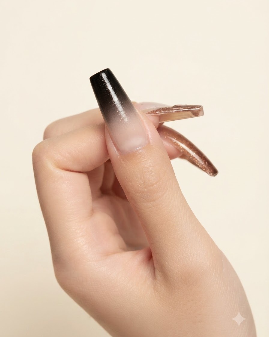Uno strumento in legno posiziona una piccola goccia di gel magnetico cat-eye blu su una superficie di miscelazione.
