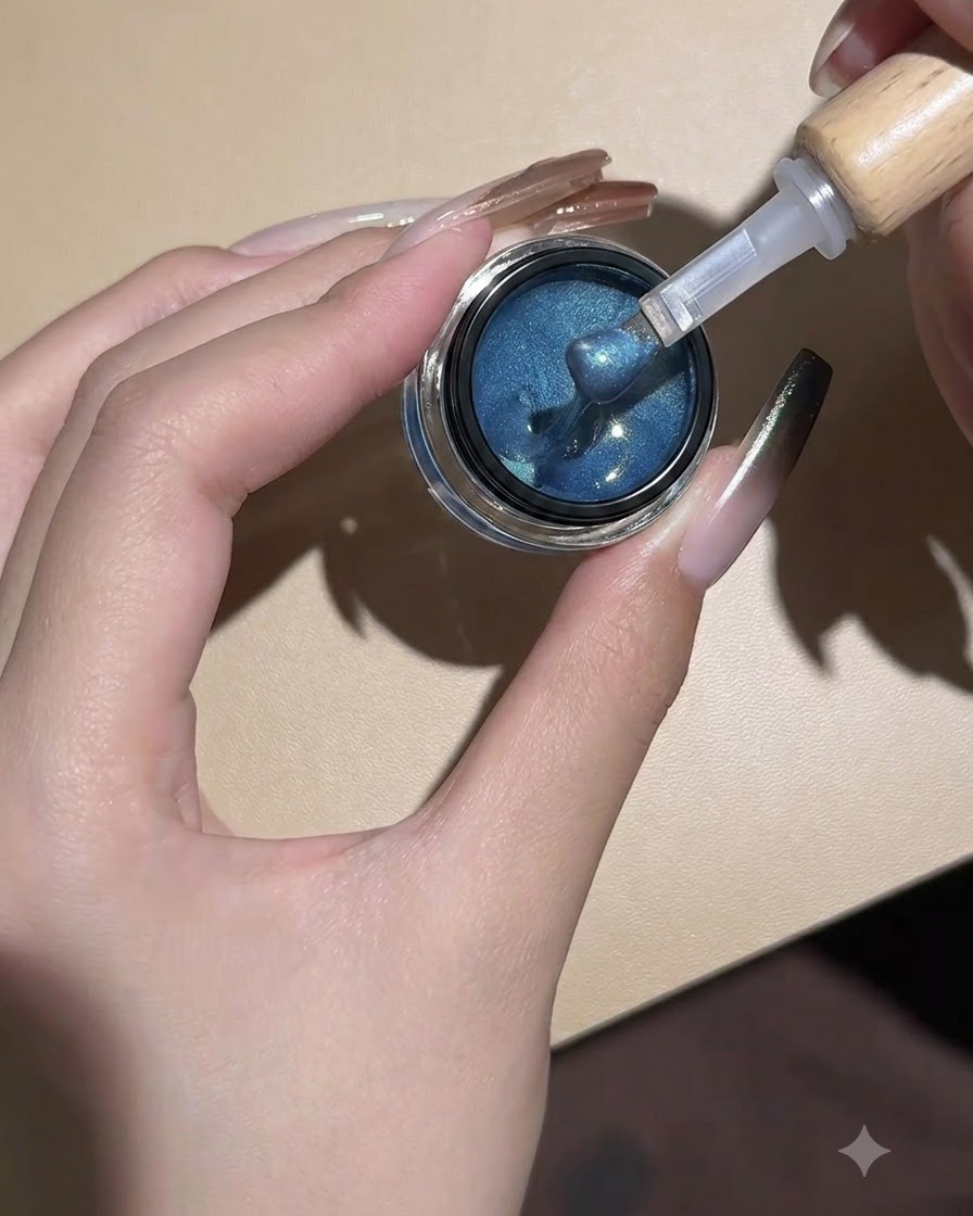 Un pennello applica il gel cat-eye blu su ununghia prelevandolo da un vasetto.