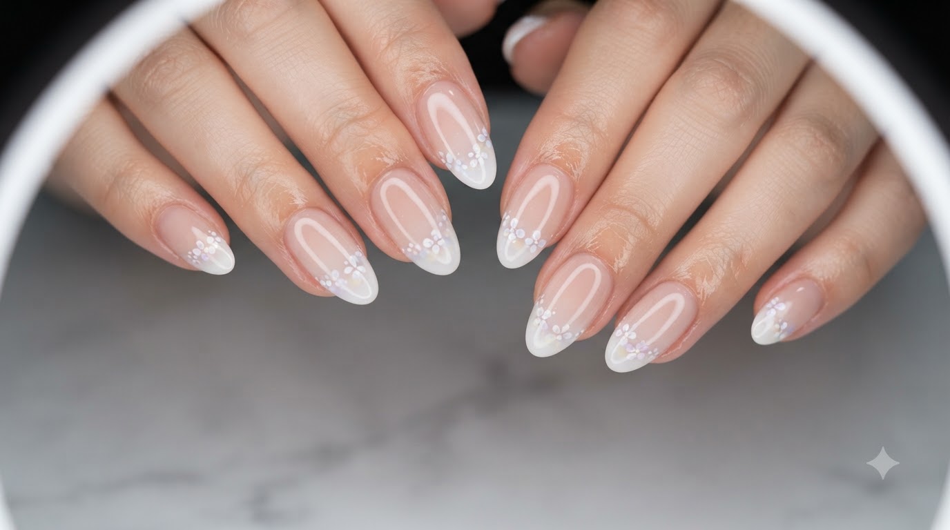 Unghie con Sfumatura Nude e Fiori Dipinti a Mano con Correzione della Crescita Verso il Basso – Tutorial Passo dopo Passo