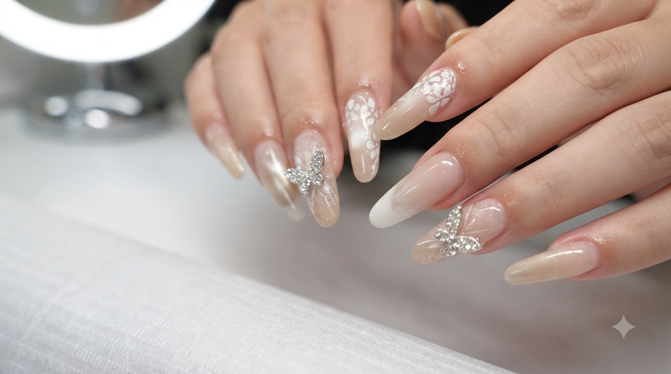 Unghie Ombre Nude Moonlight con Pizzo Floreale e Farfalle d Argento – Tutorial Passo dopo Passo
