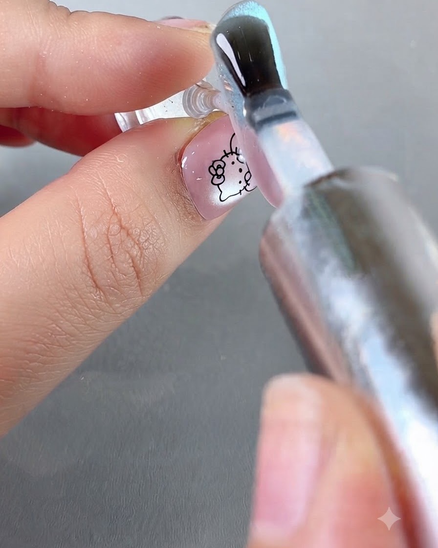Un pennello che applica un top coat finale denso e lucido sopra il design completo dellunghia.