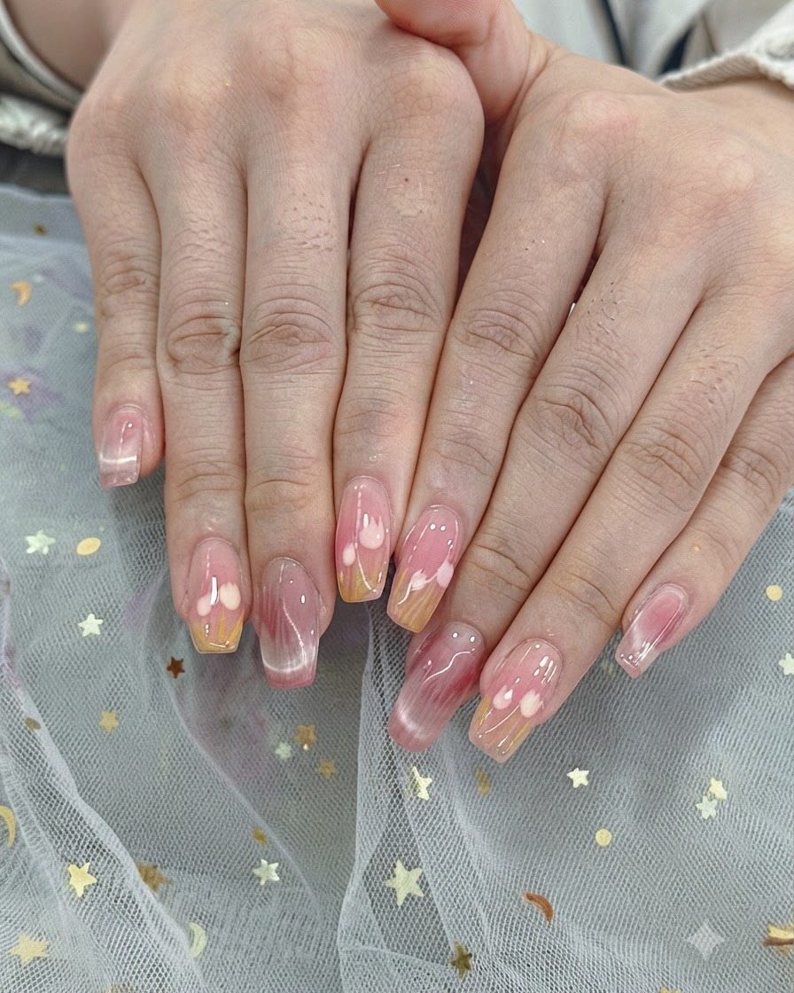 Primo piano di una mano che applica uno smalto gel giallo tenue sulle punte di unghie dalla forma naturale.