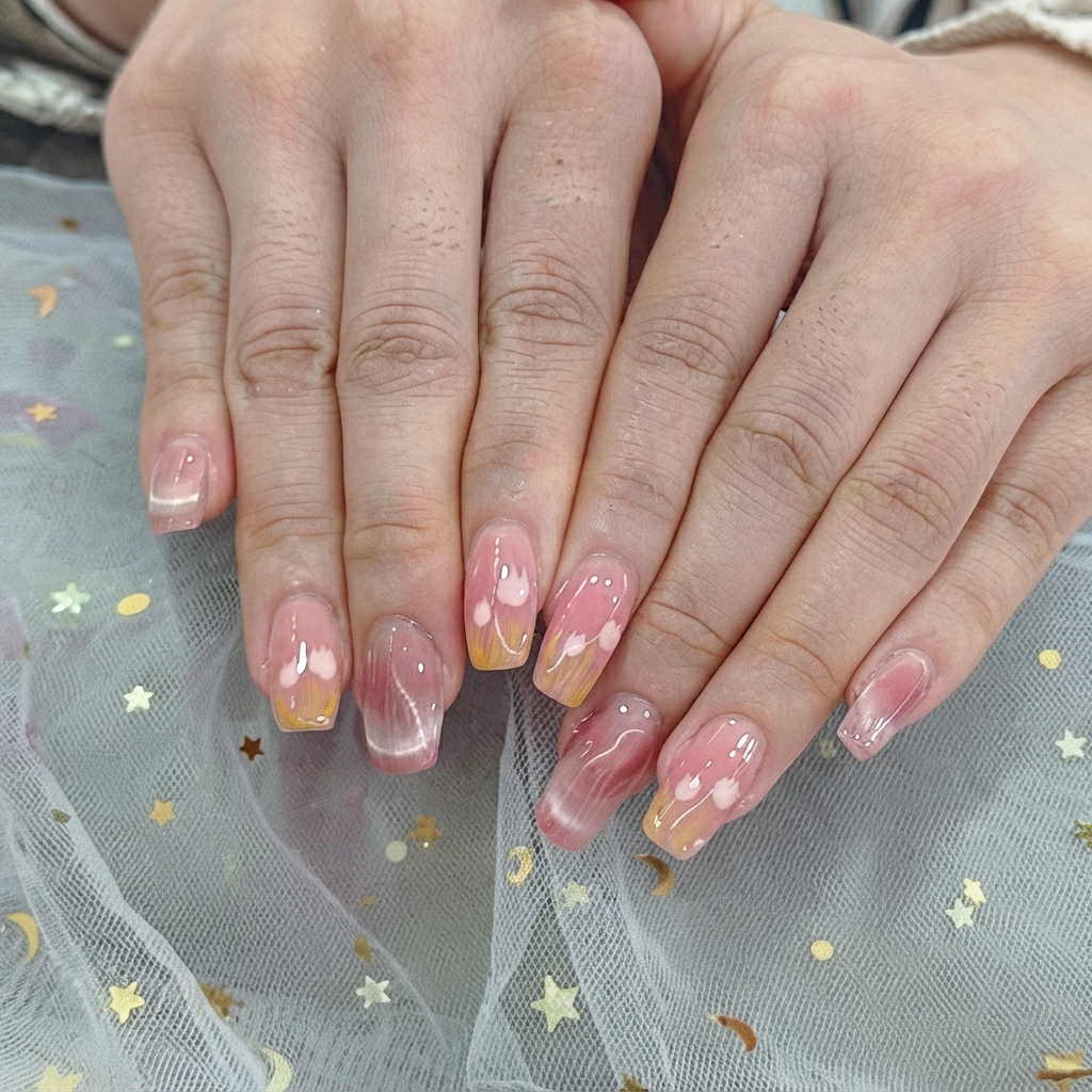 Una nail artist usa un pennello sottile per dipingere minuscoli cuori bianchi sulle punte sfumate delle unghie.