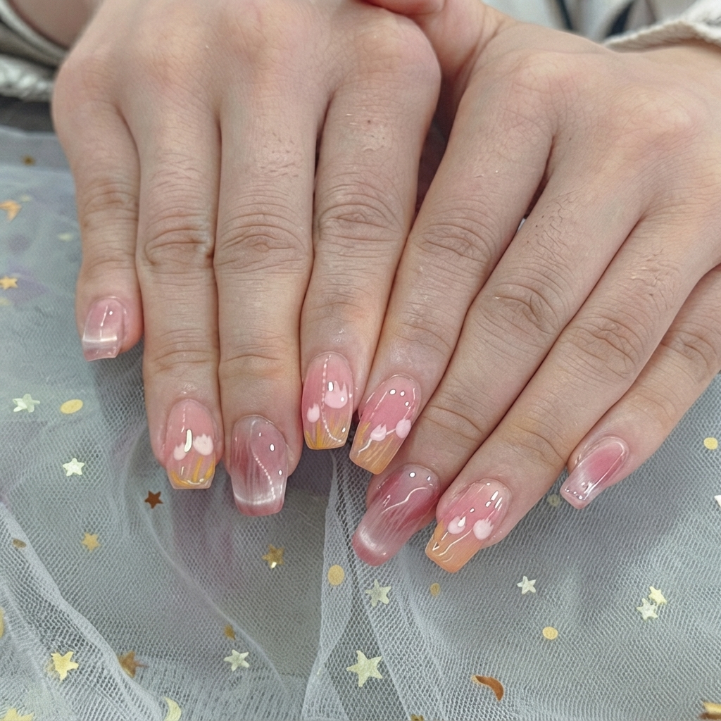Un pennello picchietta delicati glitter scintillanti attorno a cuori bianchi su ununghia sfumata.