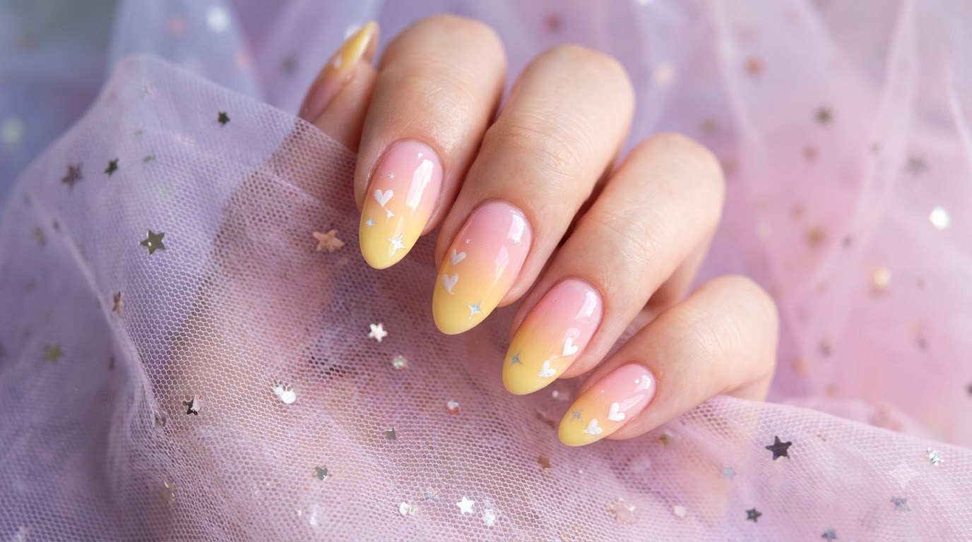 Unghie Sfumate Rosa e Giallo Effetto Tramonto con Dolci Dettagli a Cuore