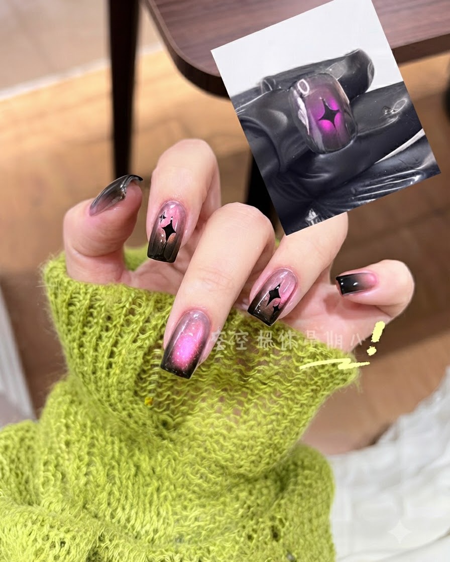 Un pennello applica il vivace gel cat eye rosa sullunghia preparata.