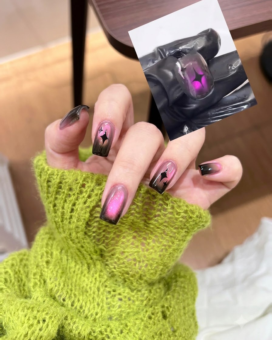 Un magnete posizionato vicino a ununghia con cat eye rosa per spostare le particelle magnetiche.