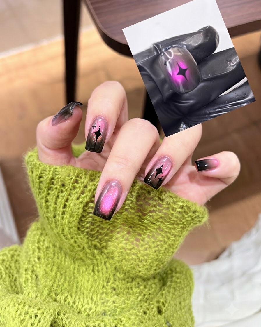 Un pennello da top coat applica uno strato sigillante trasparente e lucido su un design di unghie cat eye sfumate in nero e rosa.