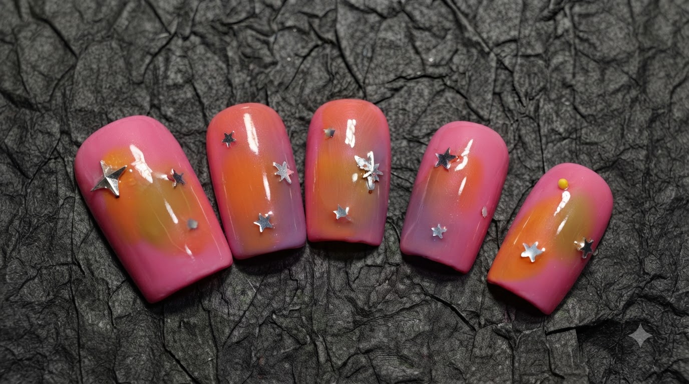 Unghie Press-On con Sfumatura Tramonto Rosa e Accenti di Stelle