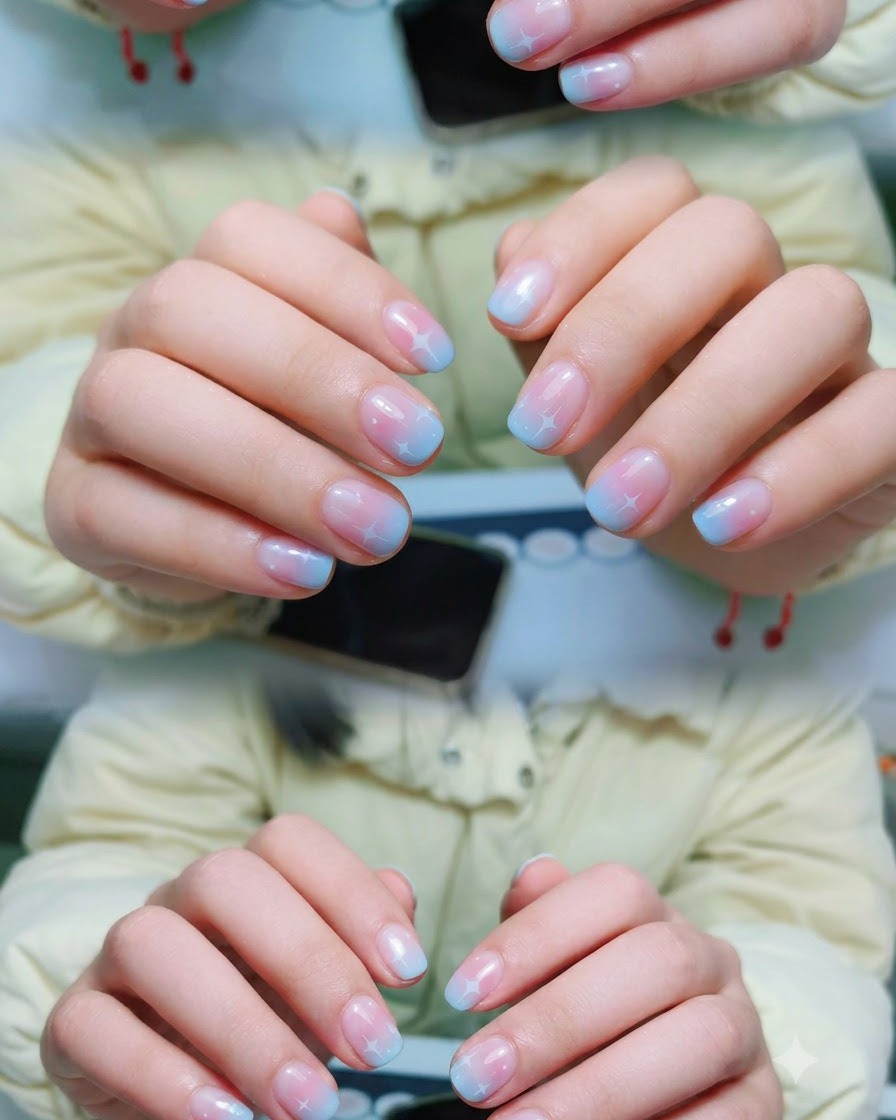 Mani inserite allinterno di una lampada per unghie UV/LED accesa durante una manicure professionale.