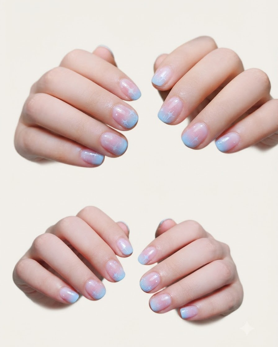 Un pennello da unghie che applica un colore in gel rosa pastello tenue sulla metà inferiore di ununghia.