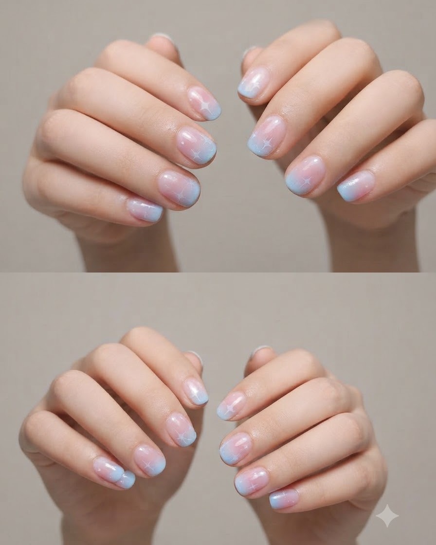 Una piccola spugna che sfumina delicatamente la linea di transizione tra il gel rosa e blu su ununghia.