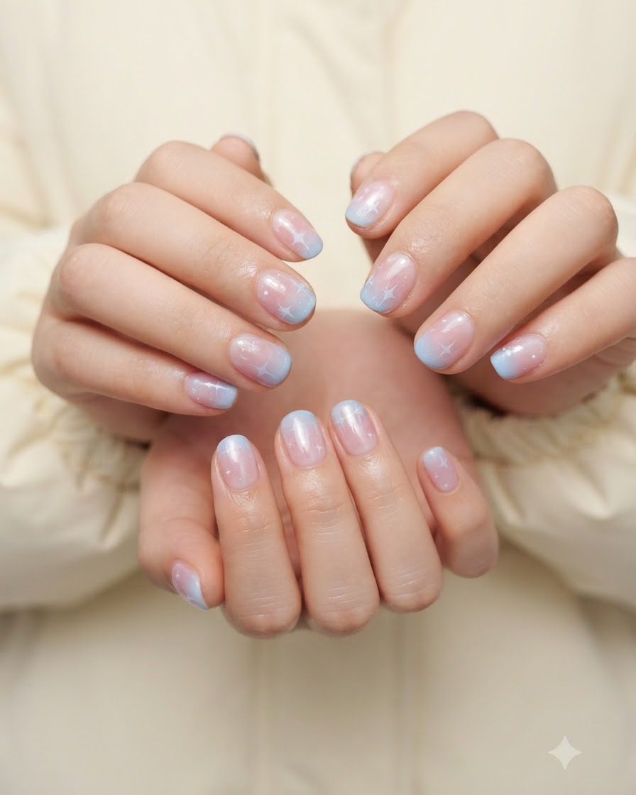 Una vista ravvicinata di mani con piccole nail art a stella bianca dipinte su unghie sfumate usando un pennello sottile da decorazione.