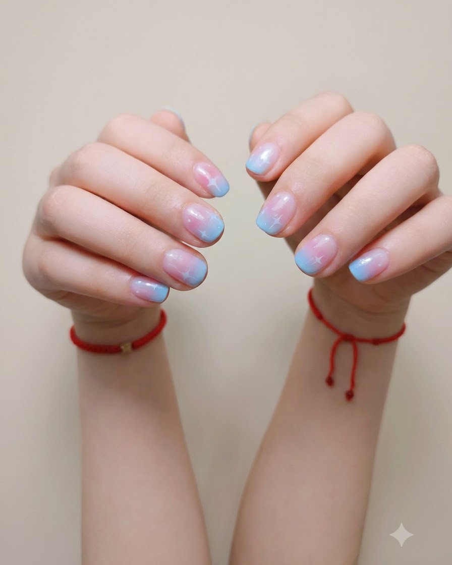 Un primo piano di una manicure completata con sfumatura e stelle con una finitura super lucida.