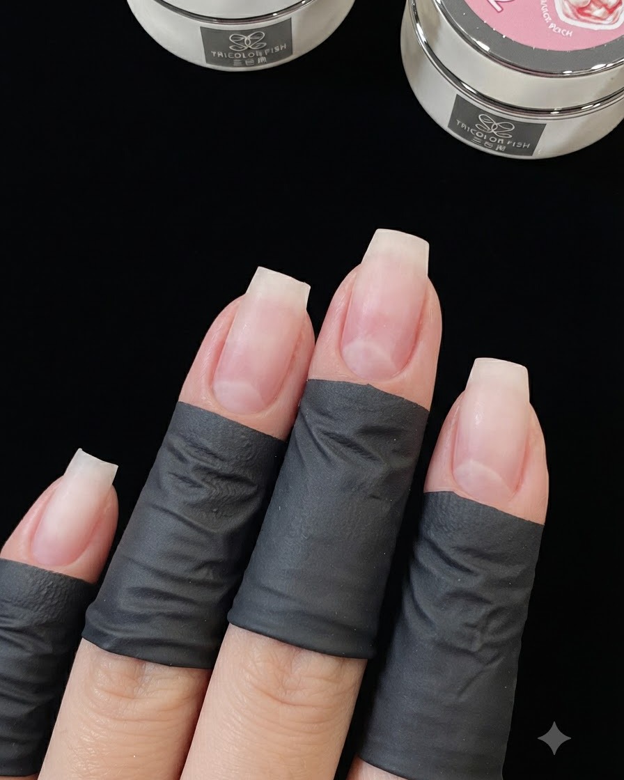 Primo piano di quattro dita con protezioni nere, che mostrano unghie naturali preparate con gel costruttore applicato sui margini liberi.
