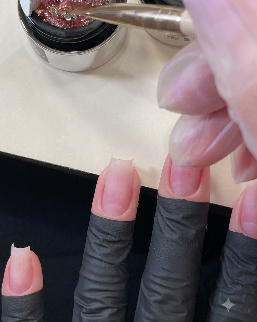 Un pennello piatto da gel carico di glitter rosa spessi sospeso appena sopra il centro di ununghia del dito medio preparata.