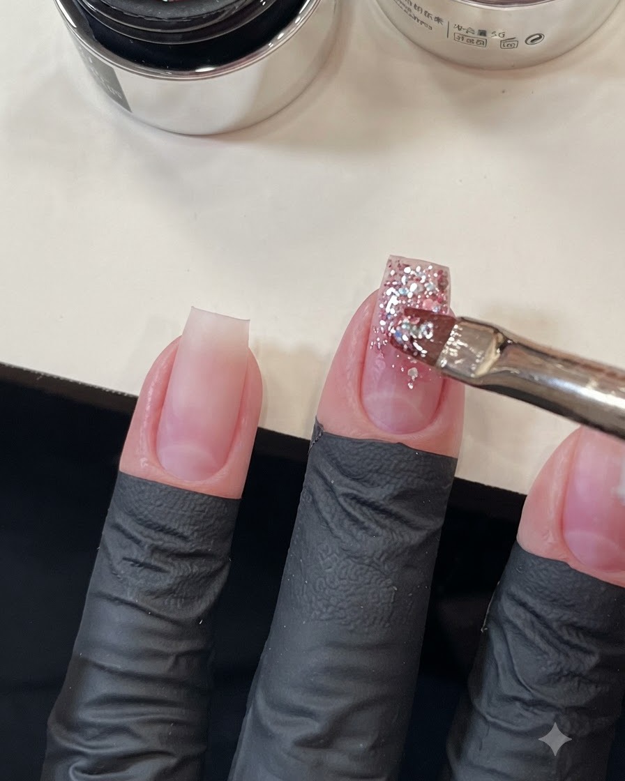 Pennello da gel che posiziona con precisione sequins spesse extra sullunghia del dito medio per migliorare il gradiente di glitter.