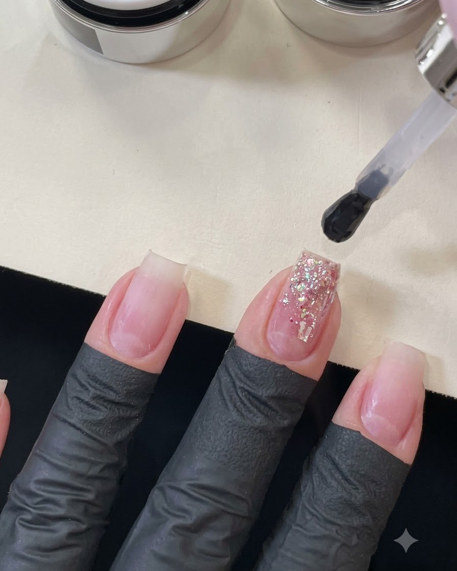 Un pennello che fa cadere una spessa goccia di gel costruttore trasparente su ununghia coperta di sequins per incapsulare il design.