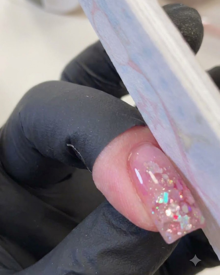 Una mano guantata che usa una lima sottile o un buffer per levigare ununghia in gel trasparente con sequins rosa incapsulate.