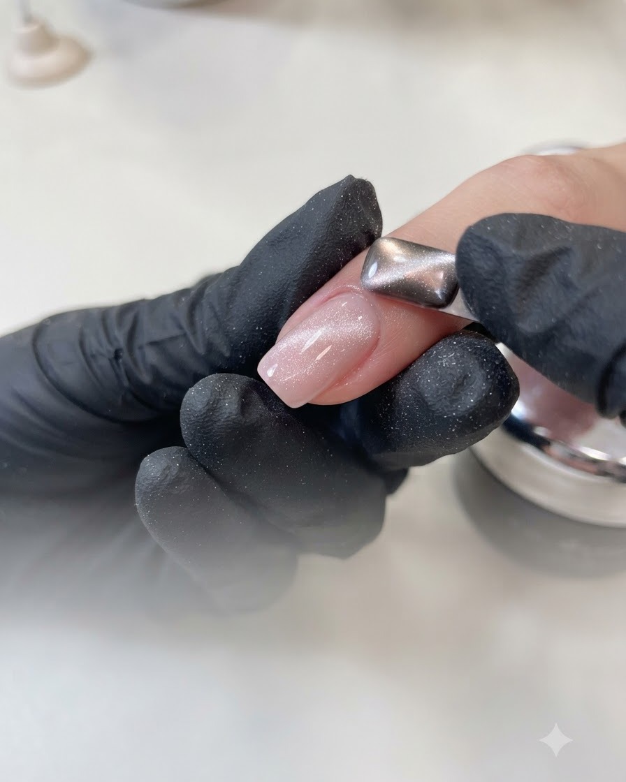 Una mano guantata che tiene un magnete rettangolare argentato sopra ununghia dipinta con gel cat eye nude brillante.
