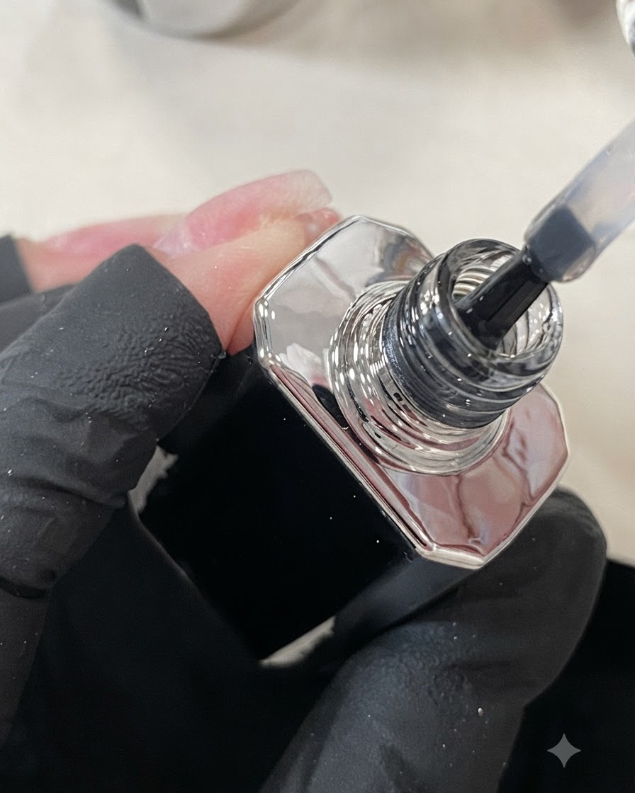 Un pennello che applica un top coat trasparente e lucido sopra ununghia del dito medio.