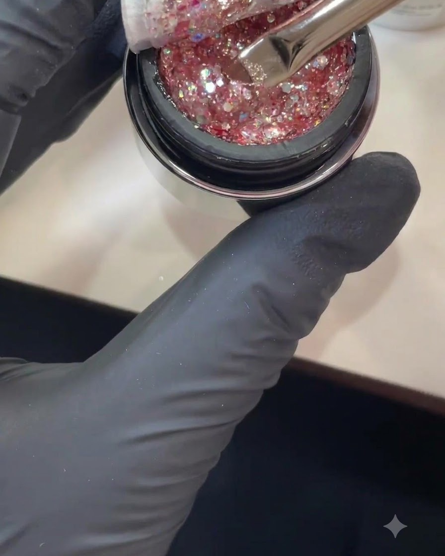 Una mano guantata che tiene un pennello immerso in un barattolo pieno di sequins rosa scintillanti e duochrome.