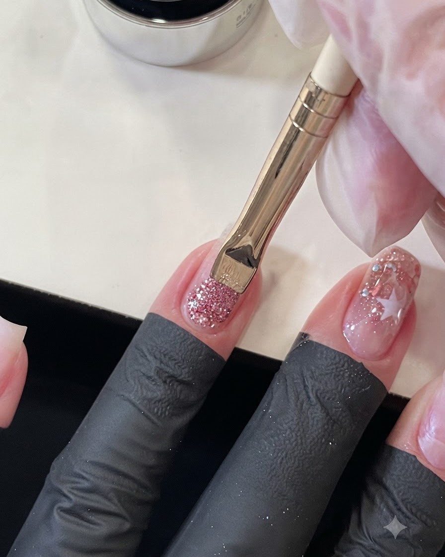 Un pennello per unghie che tira le sequins rosa dallarea delle cuticole su ununghia dellanulare.