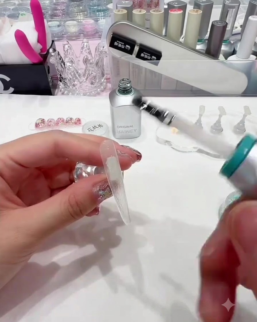 Un pennello che applica uno strato sottile e uniforme di gel base trasparente su una tip per unghie trasparente.