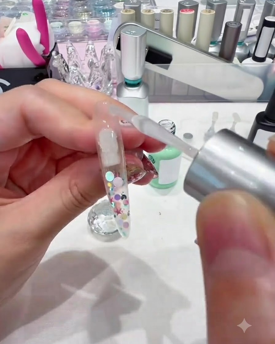 Una pinzetta che tiene una spugnetta per trucco mentre tampona del gel rosa su ununghia.