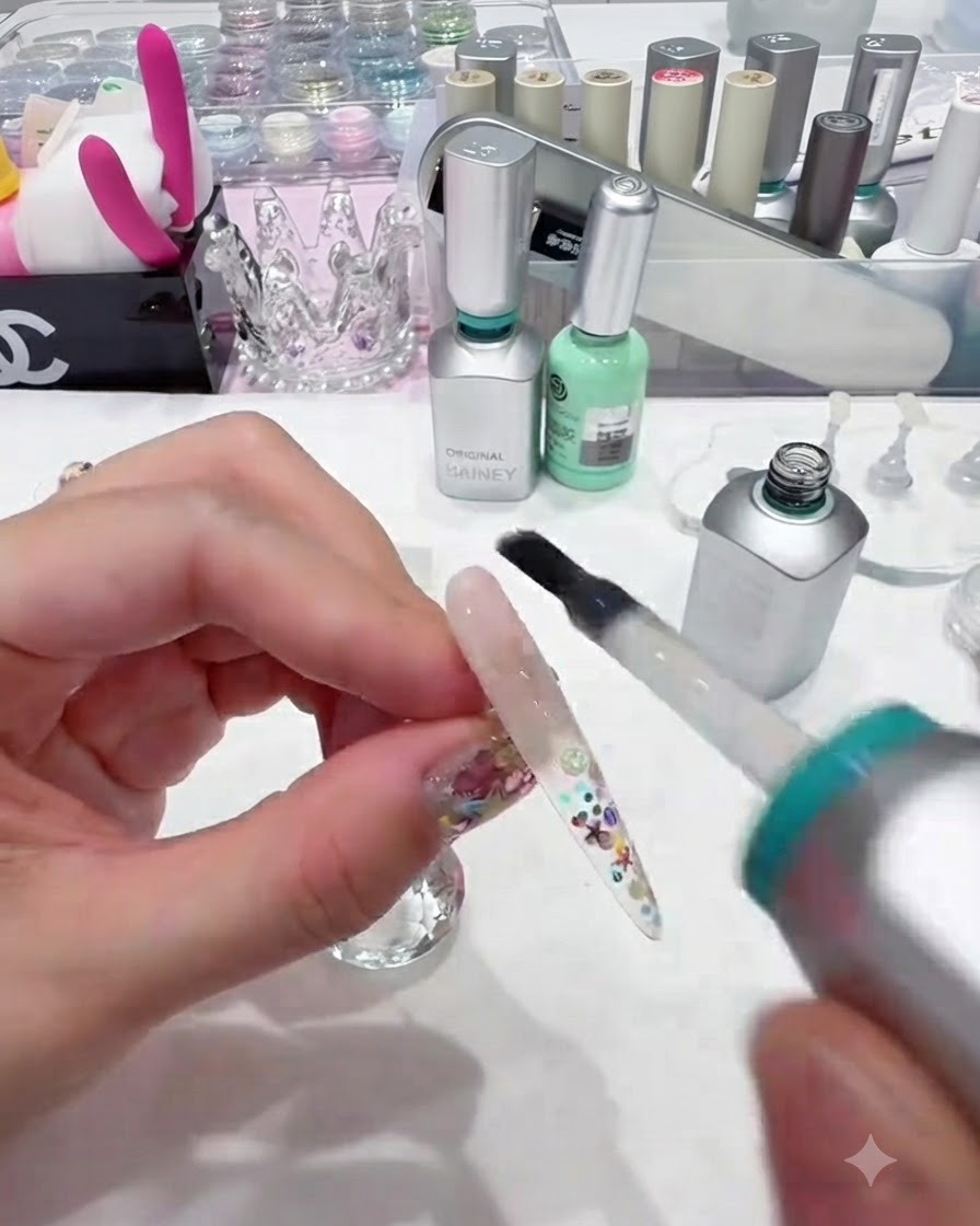 Un pennello che applica uno strato uniforme di top coat trasparente senza dispersione su ununghia completamente incapsulata.